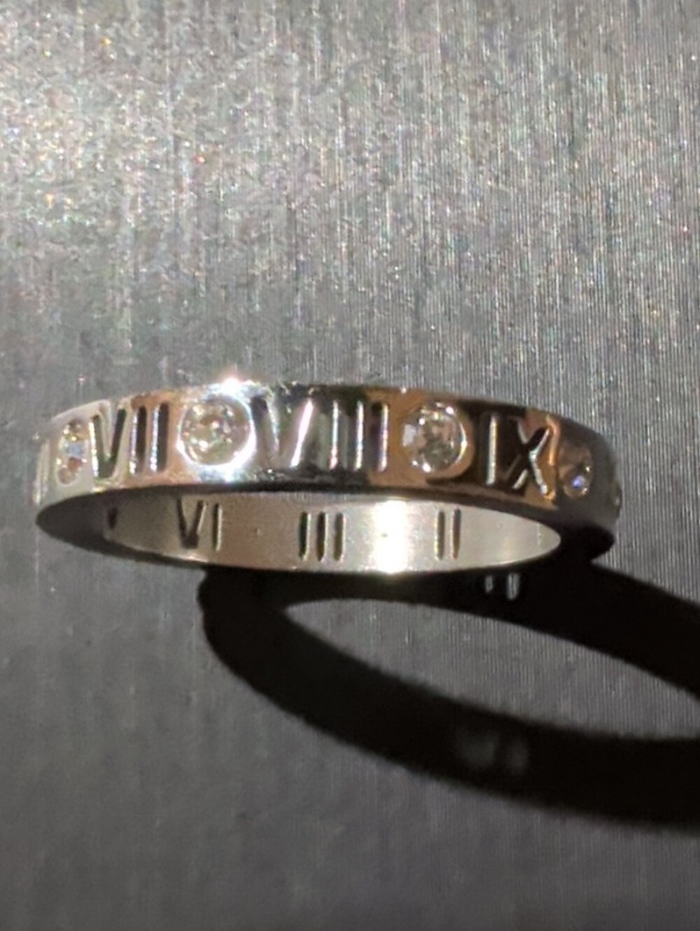 Silver Roman Numeral TIFFANY style Band Ring with Moissanite Accents Sz 7